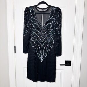 A.J. Bari 100% Silk Sequin‎ Beaded Dress Size 4 Black Vintage Party Cocktail